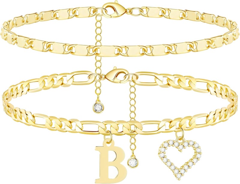 Wremily Initial Ankle Bracelets for Women Waterproof 14K Gold Plated Dainty Layered Figaro Chain Letter Initial CZ Heart Ankle Bracelets Set Summer Beach Jewelry for Women - Image 1